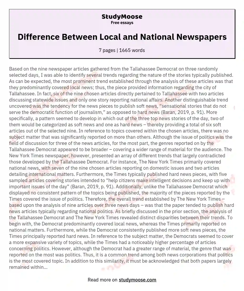 Difference Between Local And National Newspapers Free Essay Example