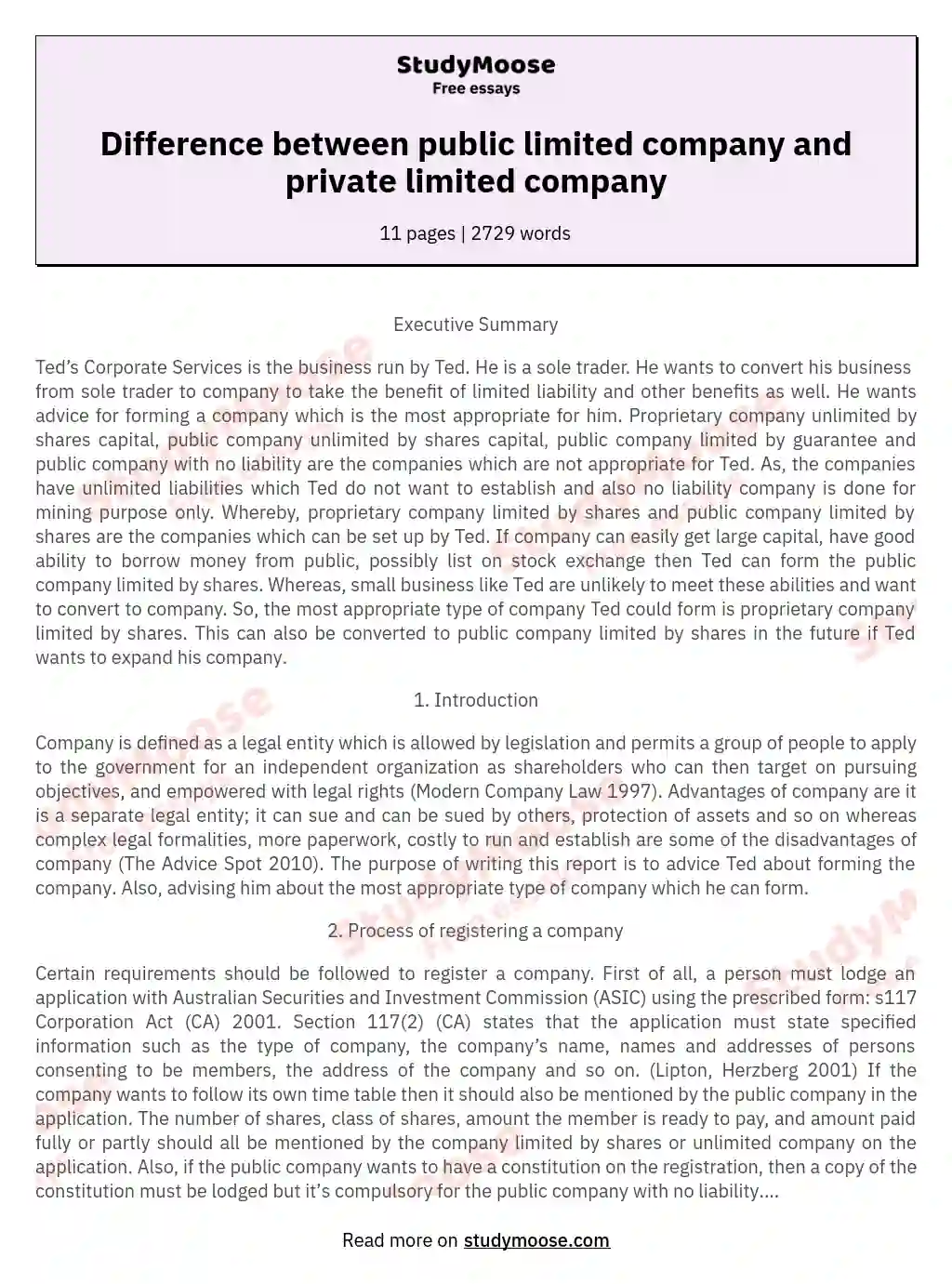 Difference between public limited company and private limited company essay