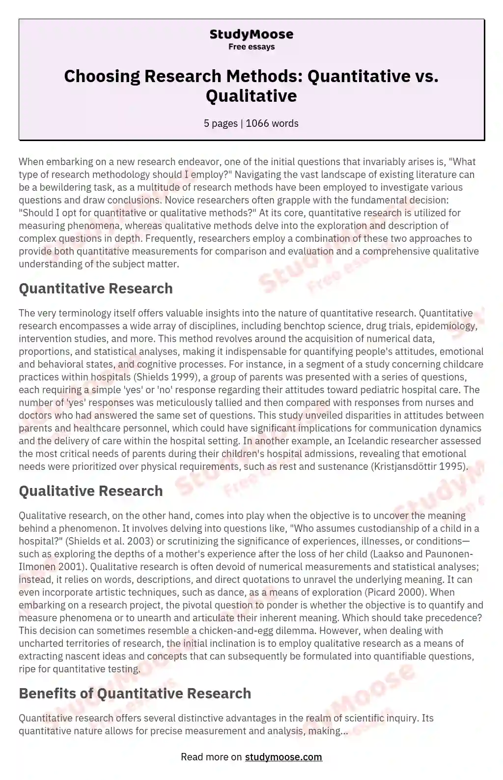 Choosing Research Methods: Quantitative vs. Qualitative essay