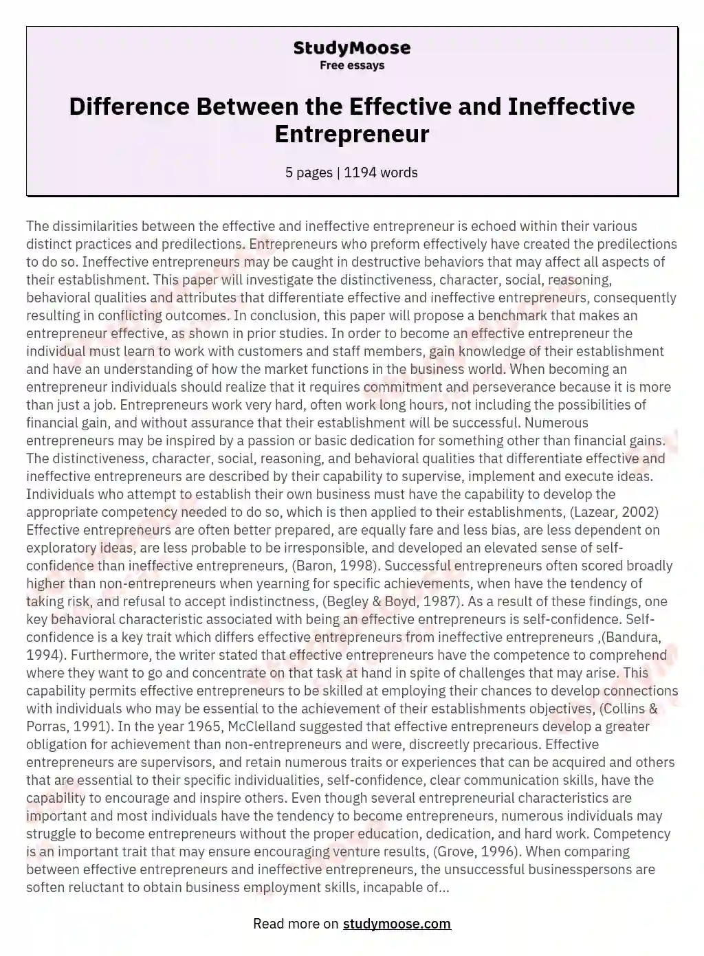 Difference Between the Effective and Ineffective Entrepreneur essay