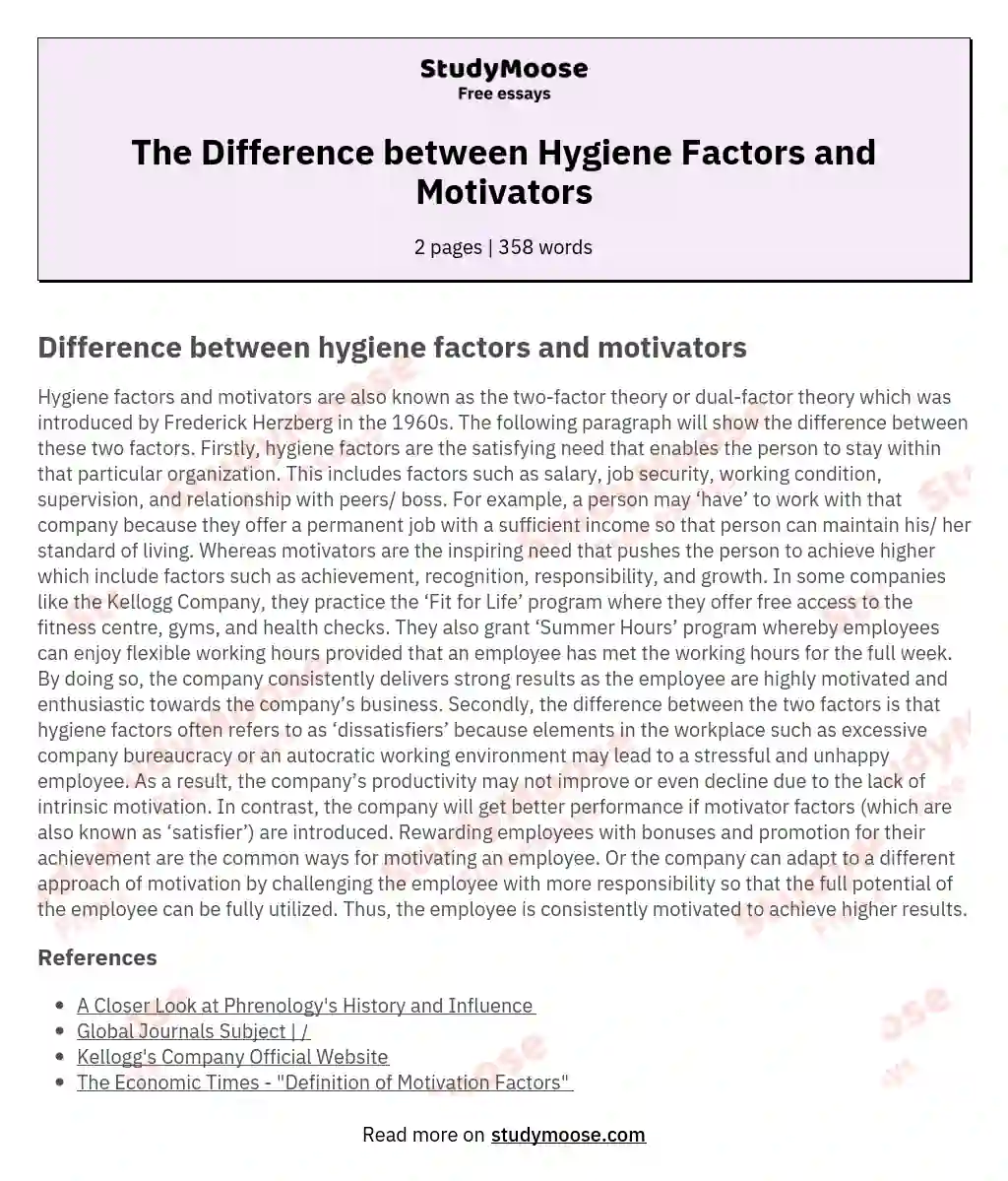 The Difference between Hygiene Factors and Motivators essay