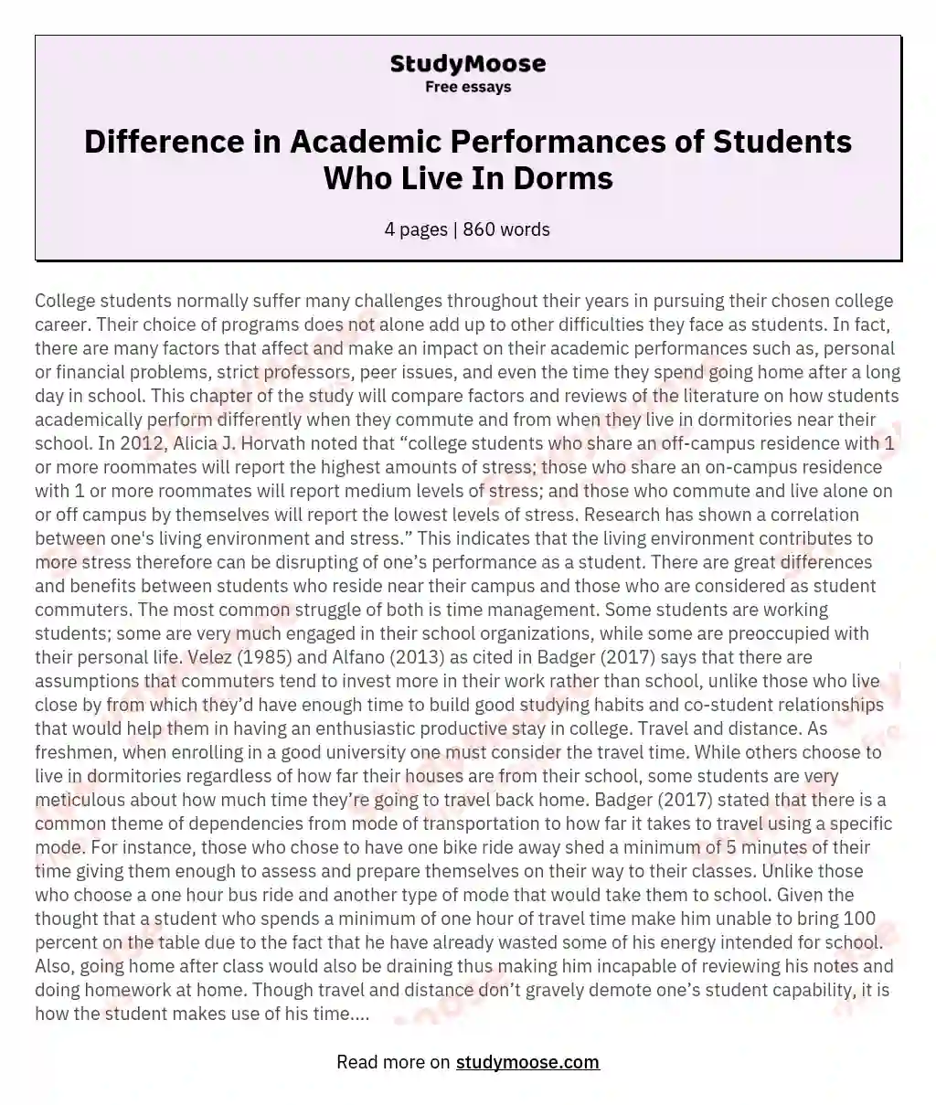 Difference in Academic Performances of Students Who Live In Dorms