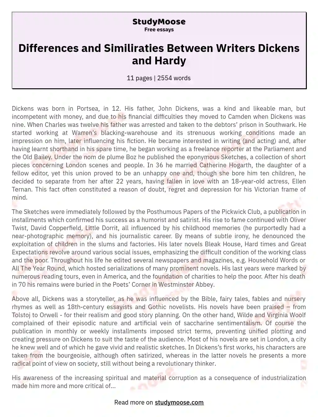 Differences and Similiraties Between Writers Dickens and Hardy essay