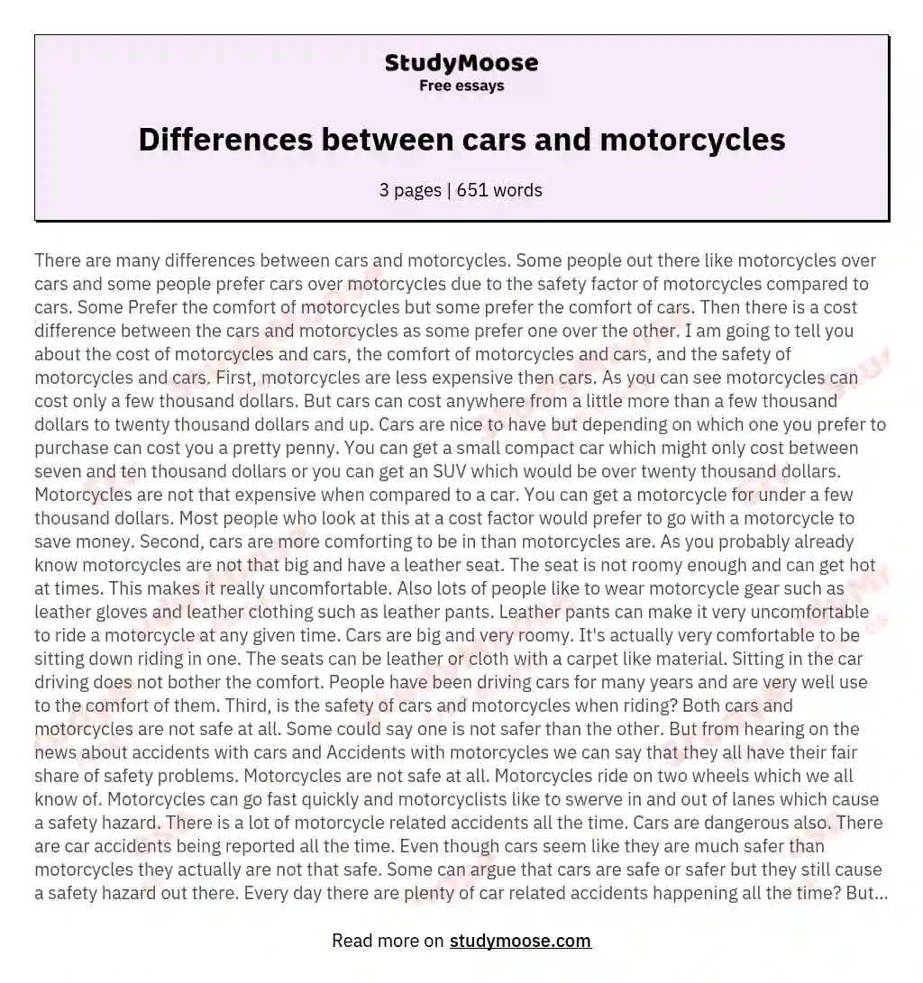 Differences between cars and motorcycles essay