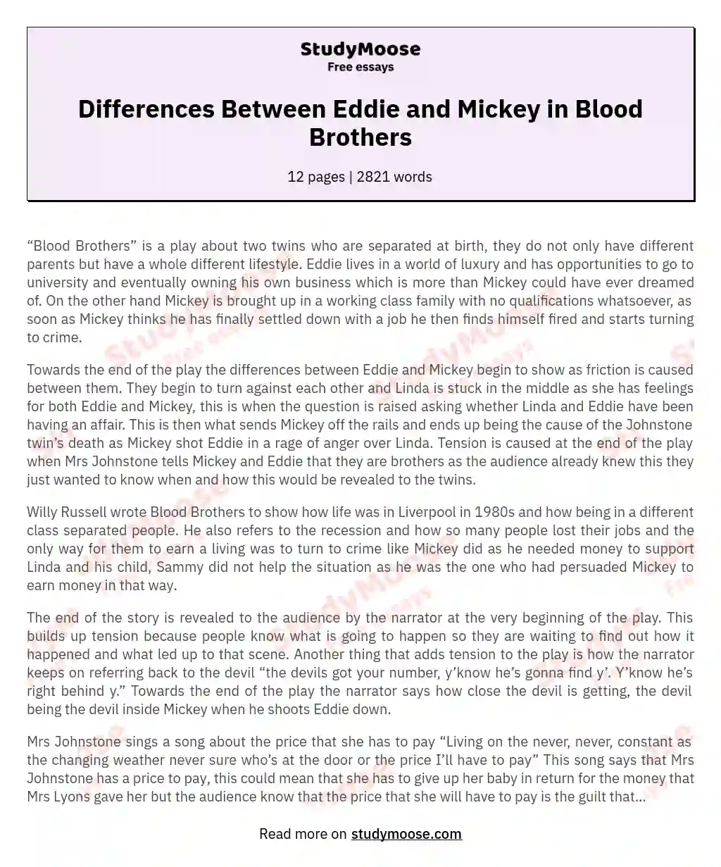 Differences Between Eddie and Mickey in Blood Brothers essay