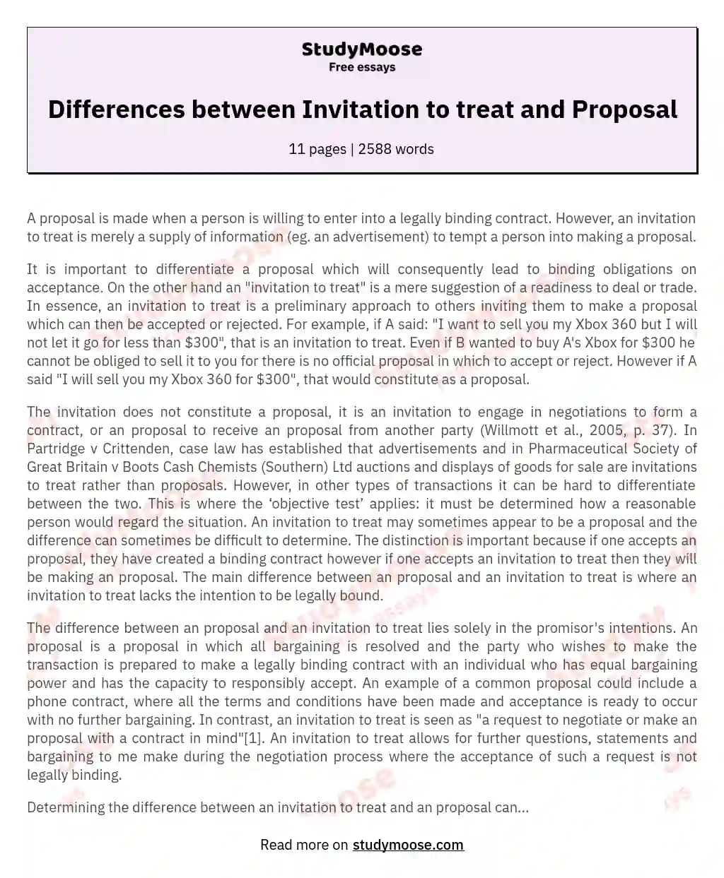 Differences between Invitation to treat and Proposal essay