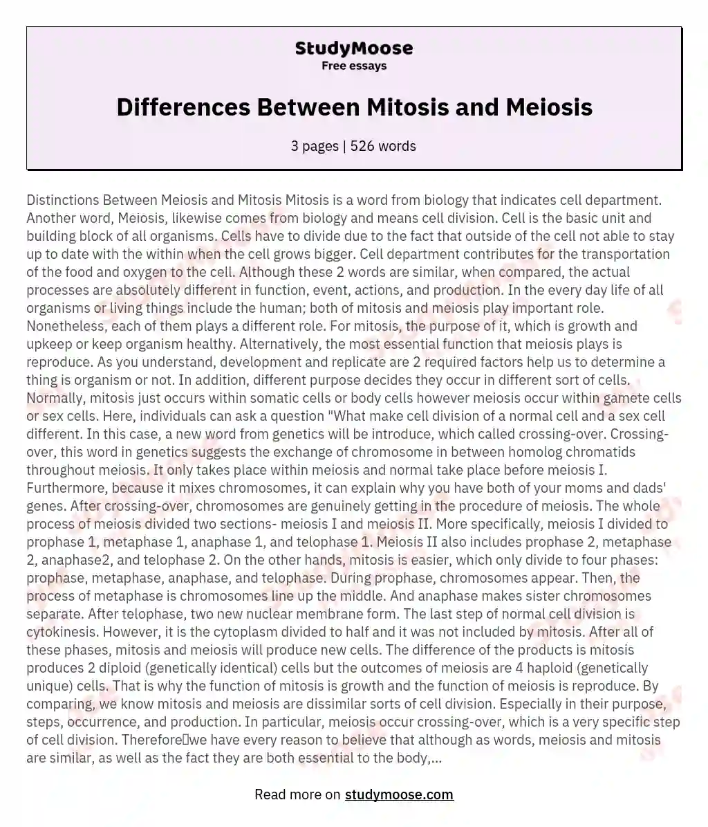 Differences Between Mitosis and Meiosis essay