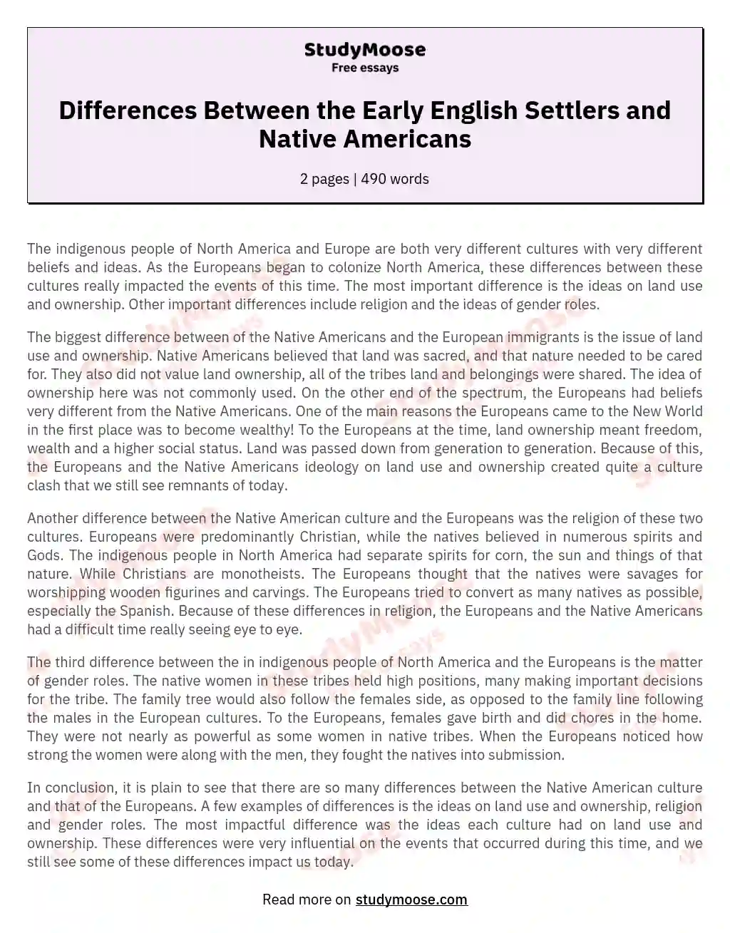 Differences Between the Early English Settlers and Native Americans essay