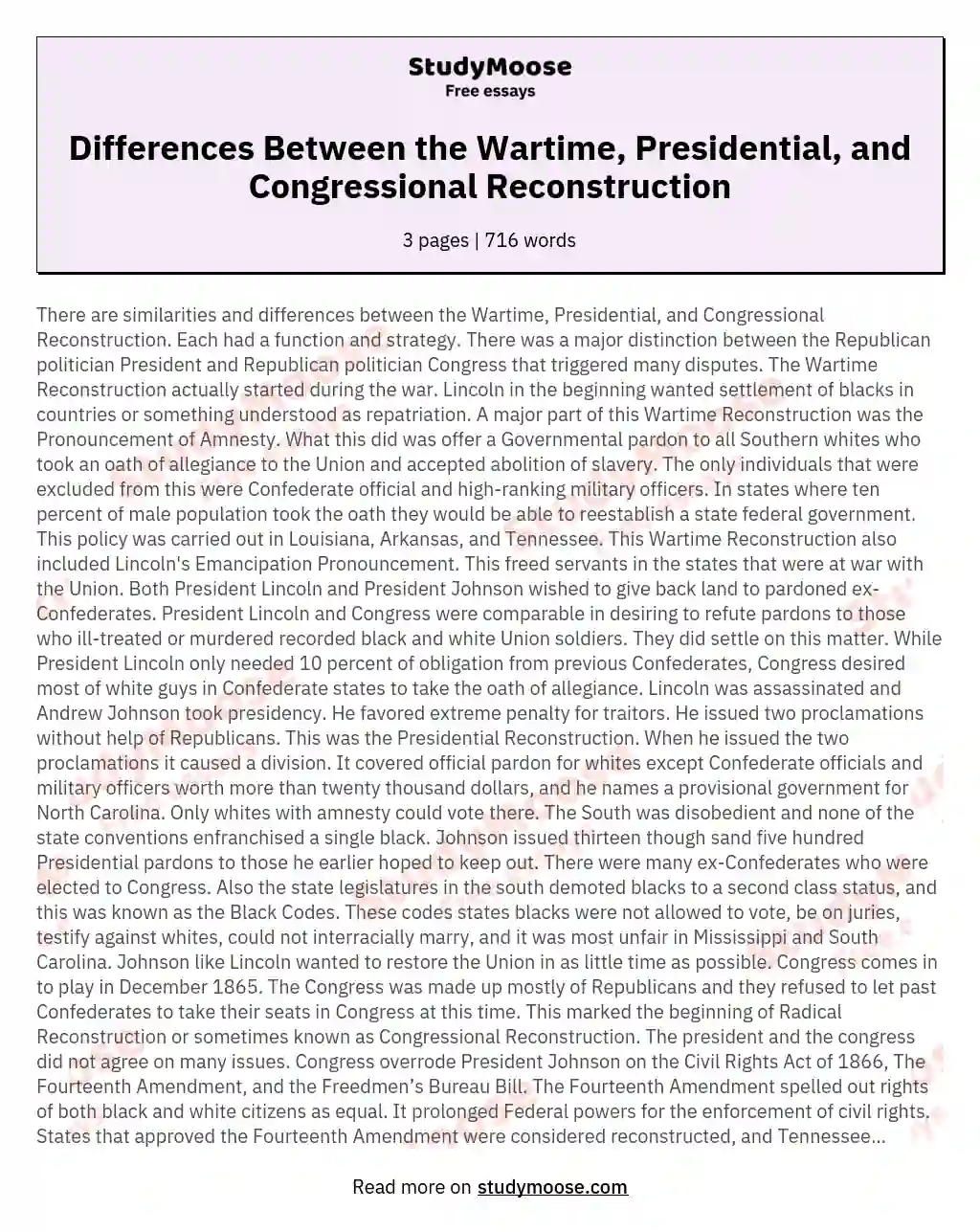 Differences Between the Wartime, Presidential, and Congressional Reconstruction essay