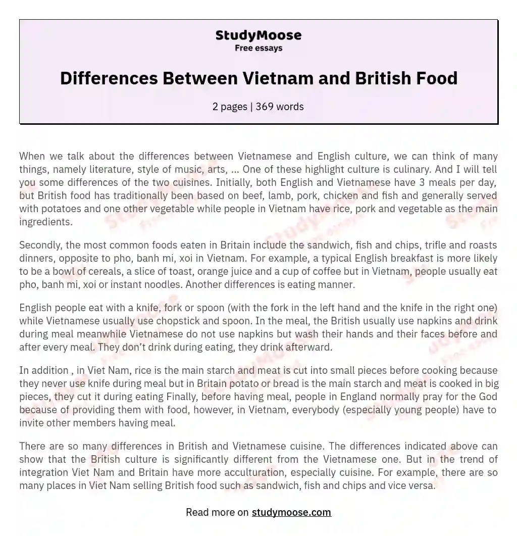 Differences Between Vietnam and British Food essay
