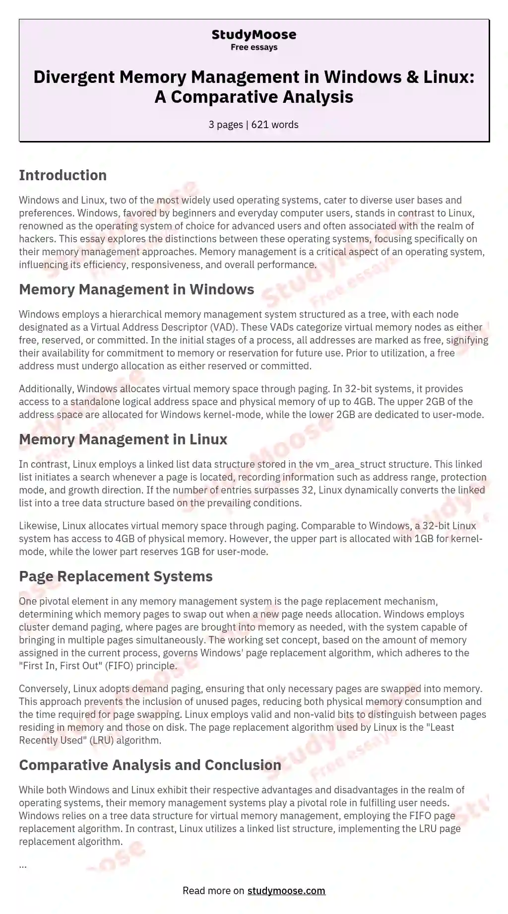 Divergent Memory Management in Windows & Linux: A Comparative Analysis essay