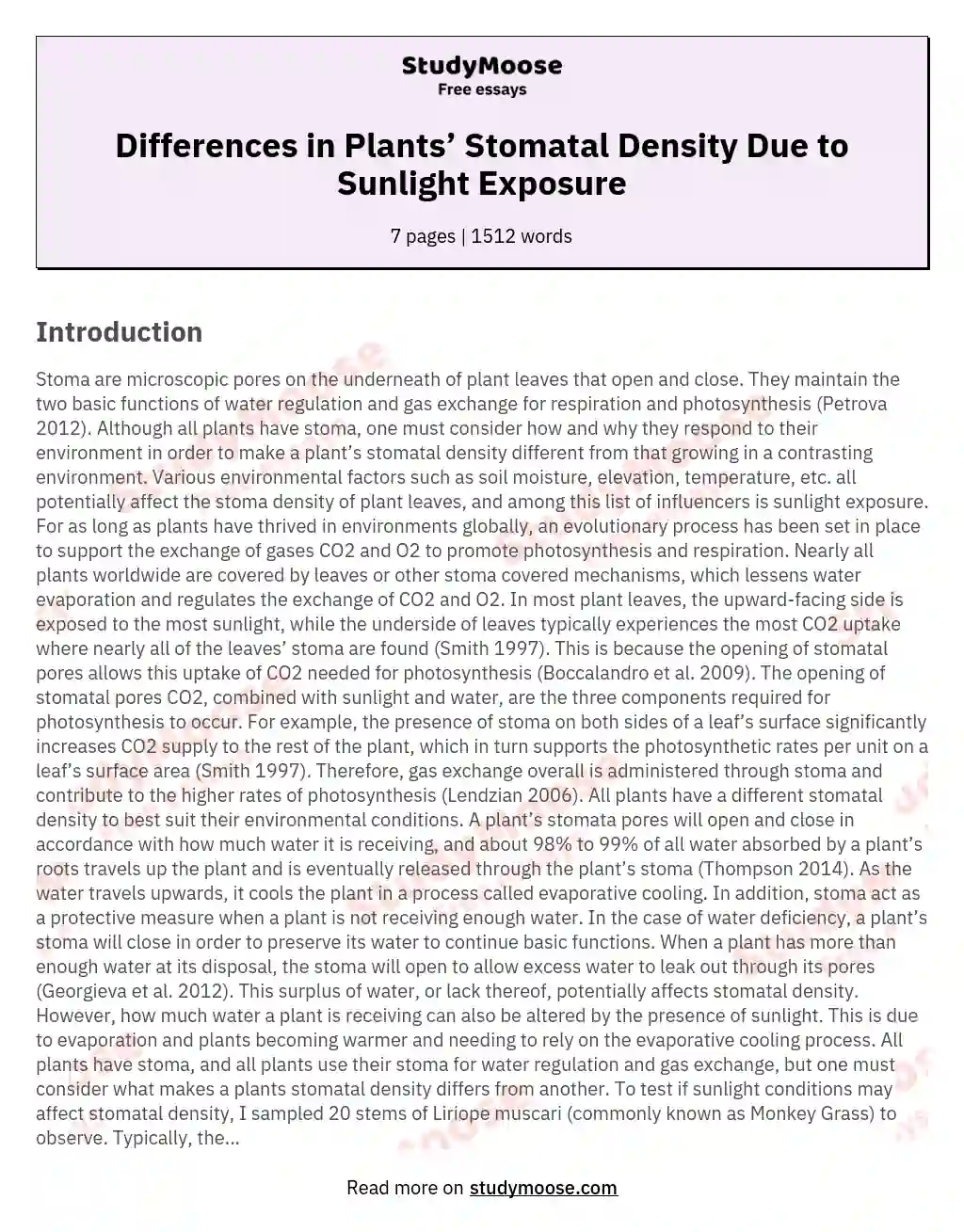 Differences in Plants’ Stomatal Density Due to Sunlight Exposure essay