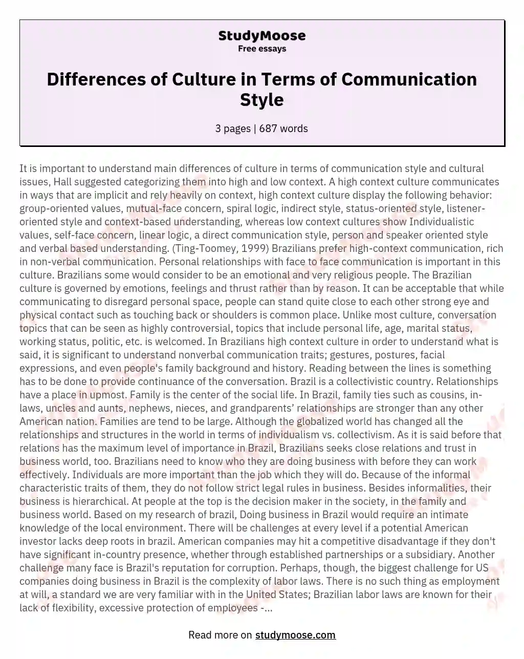 Differences of Culture in Terms of Communication Style essay