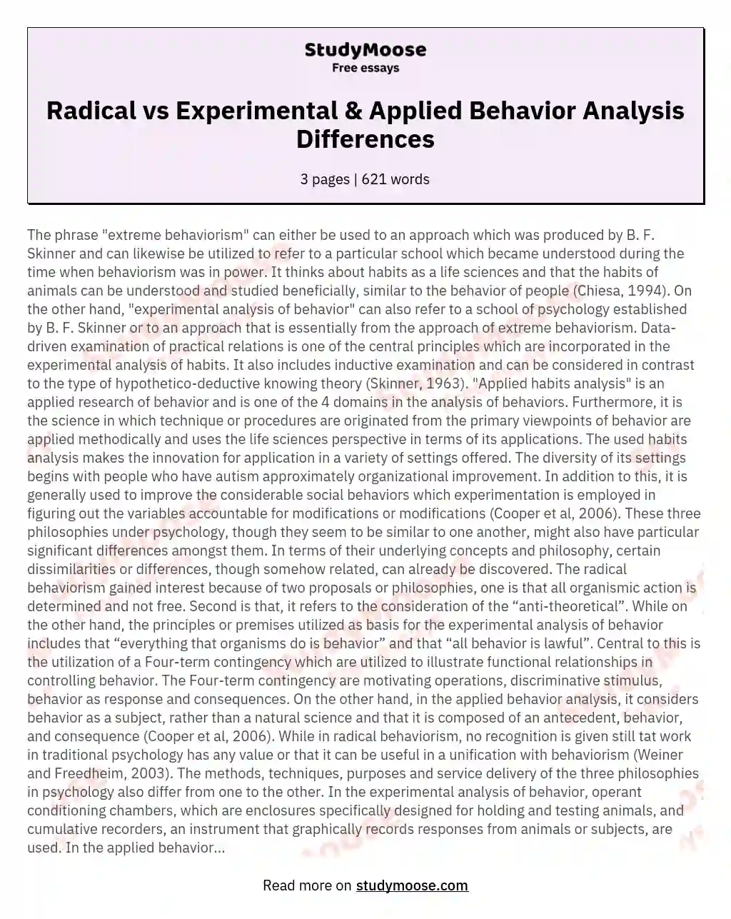 Radical vs Experimental & Applied Behavior Analysis Differences essay