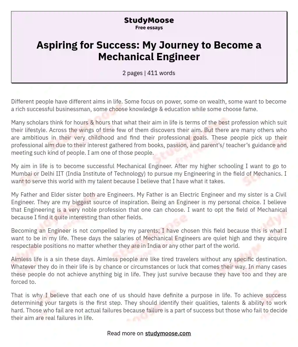 Aspiring for Success: My Journey to Become a Mechanical Engineer essay