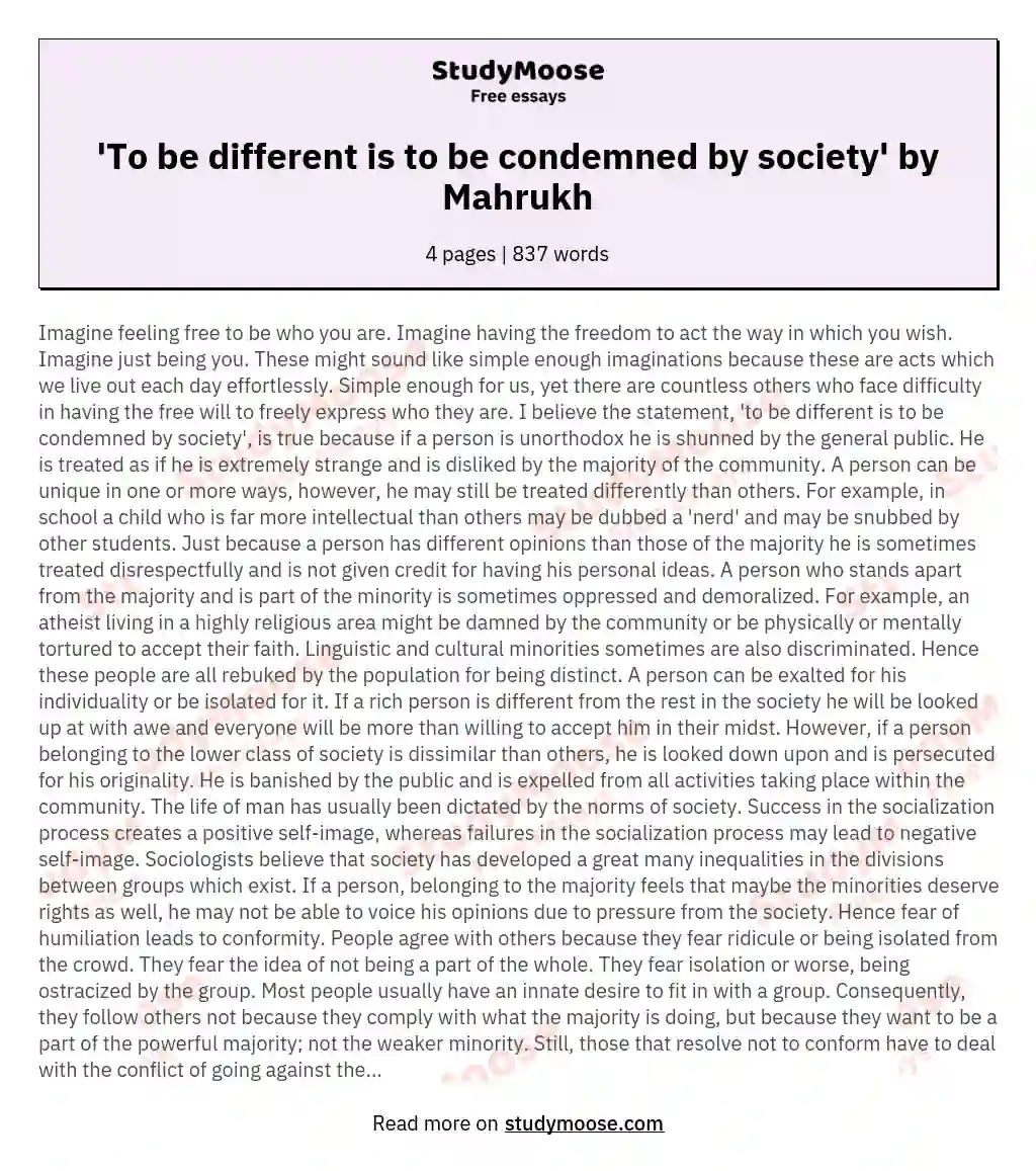 'To be different is to be condemned by society' by Mahrukh essay