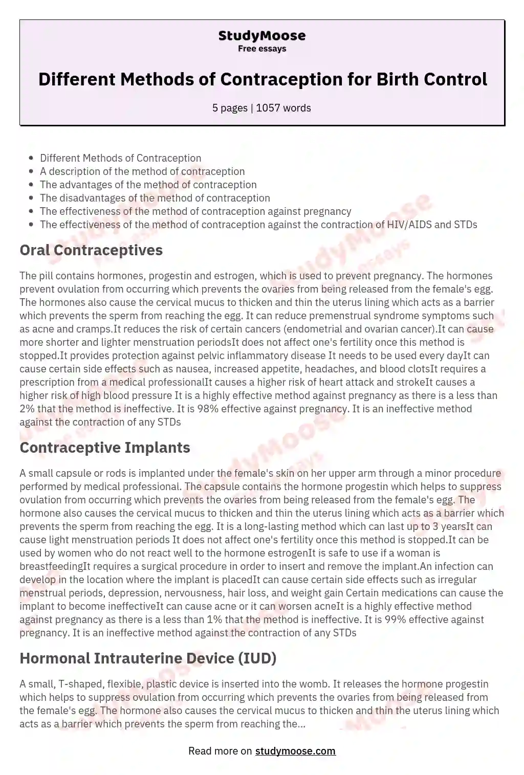 Different Methods of Contraception for Birth Control essay