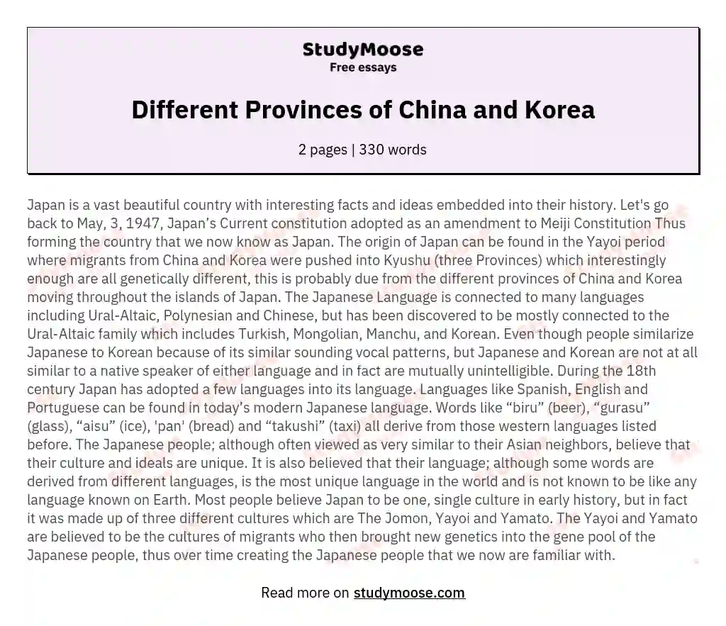 Different Provinces of China and Korea essay