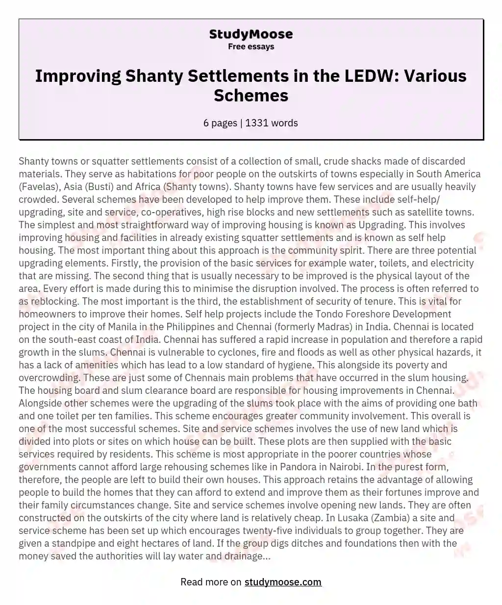 Improving Shanty Settlements in the LEDW: Various Schemes essay