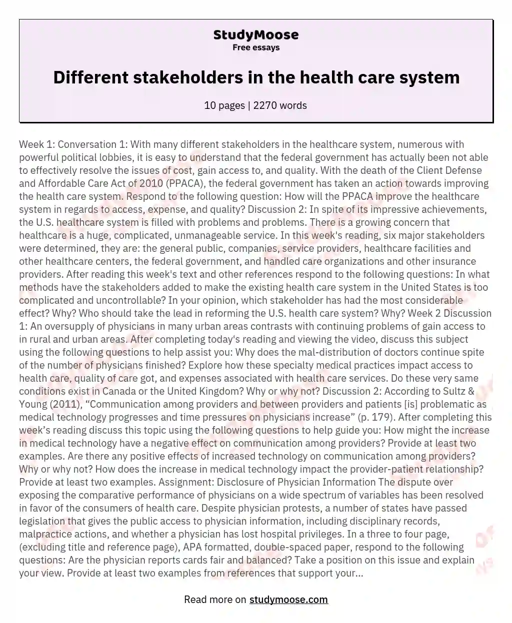Different stakeholders in the health care system essay