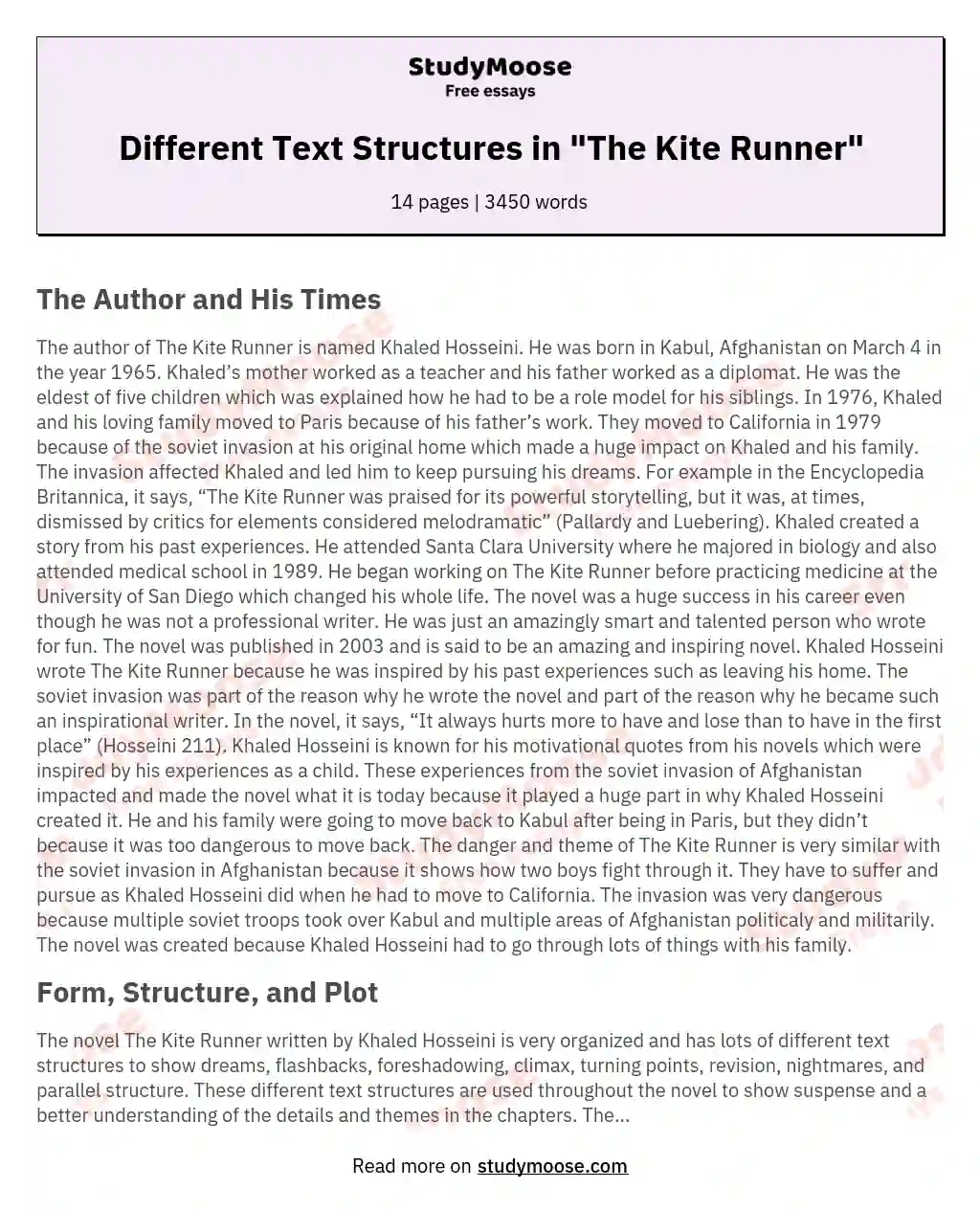 Different Text Structures in "The Kite Runner" essay