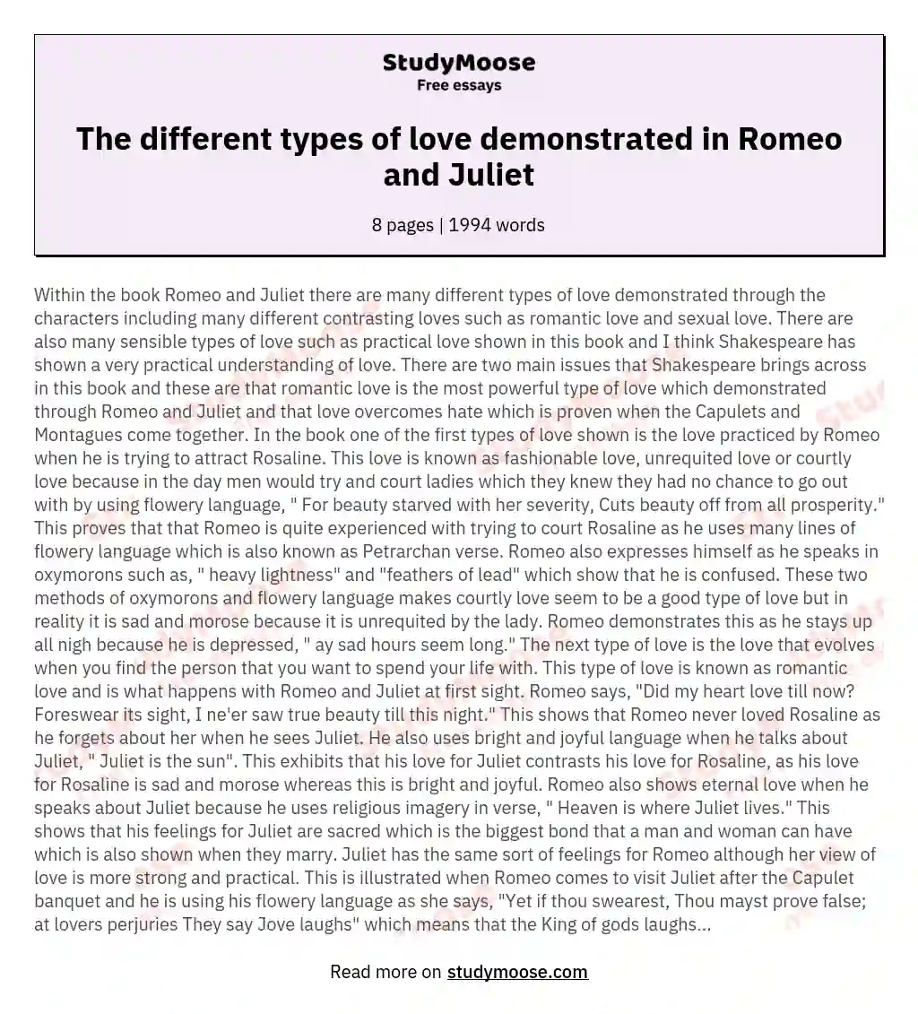 The different types of love demonstrated in Romeo and Juliet
