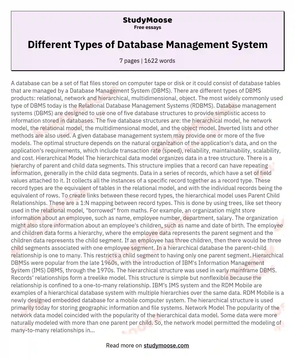 Different Types of Database Management System essay