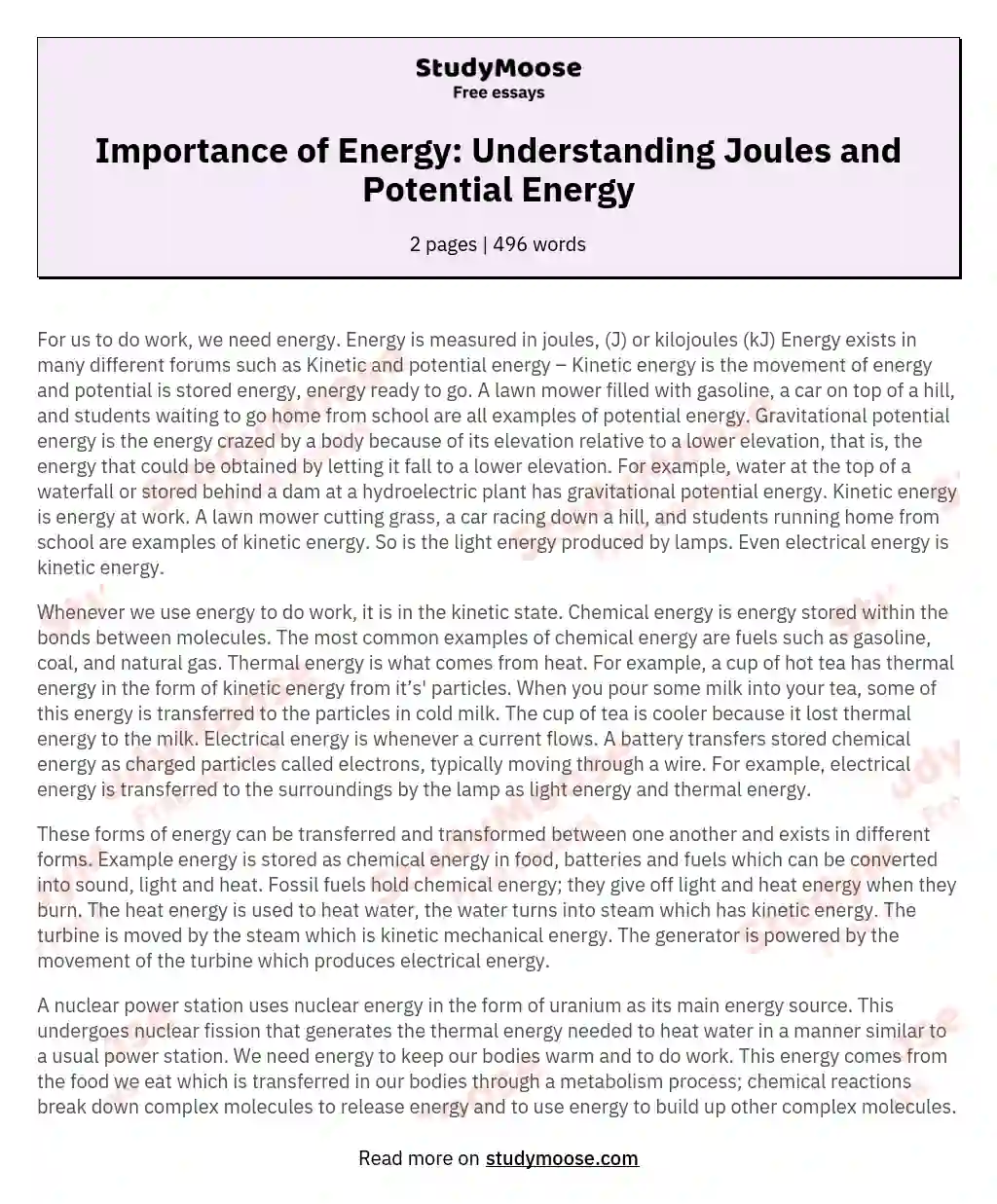 Importance of Energy: Understanding Joules and Potential Energy essay