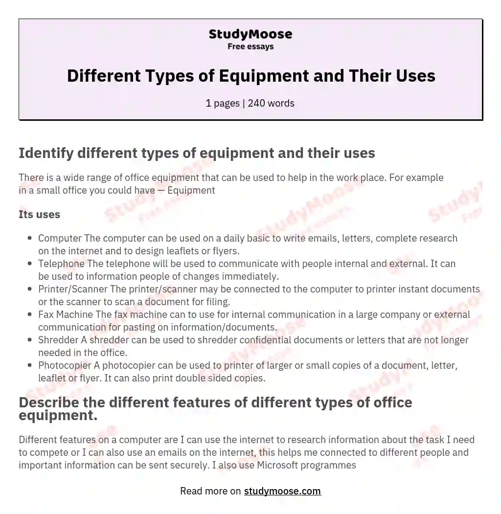 Different Types of Equipment and Their Uses essay