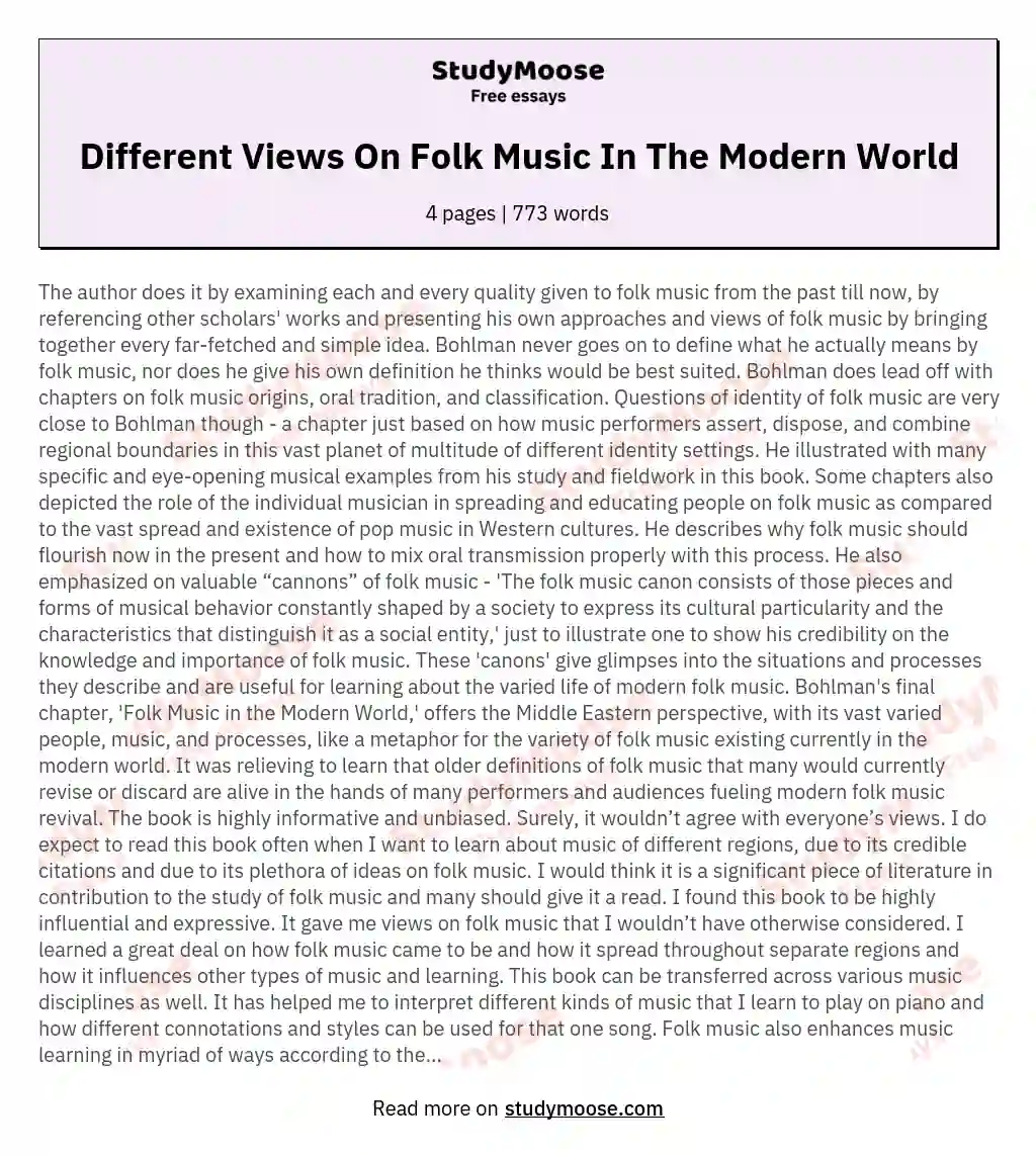 Different Views On Folk Music In The Modern World essay