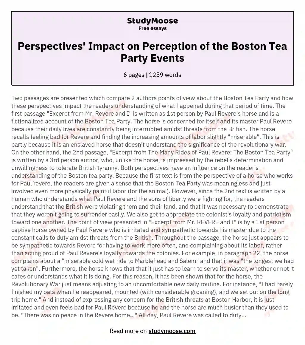 Horse's Lament and Patriot's Valor: Views on the Boston Tea Party essay