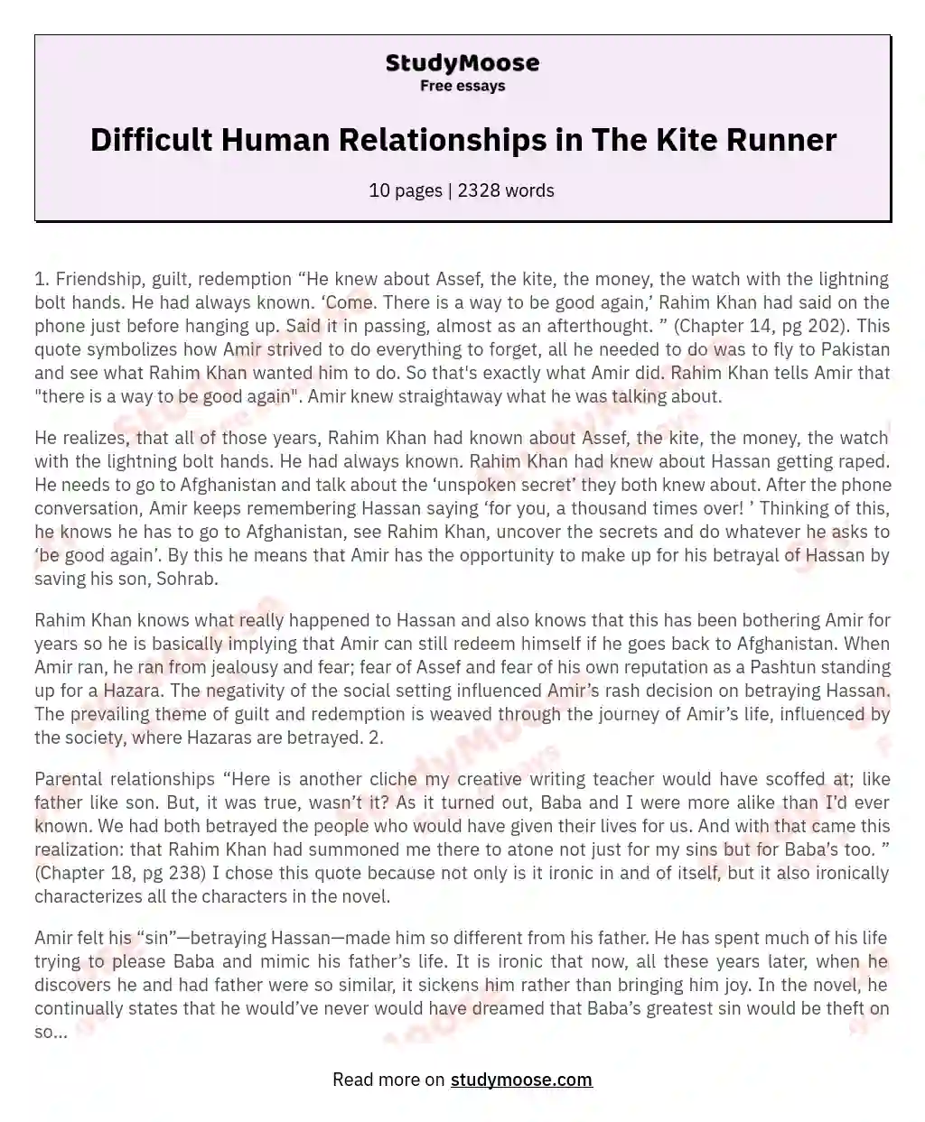 Difficult Human Relationships in The Kite Runner essay