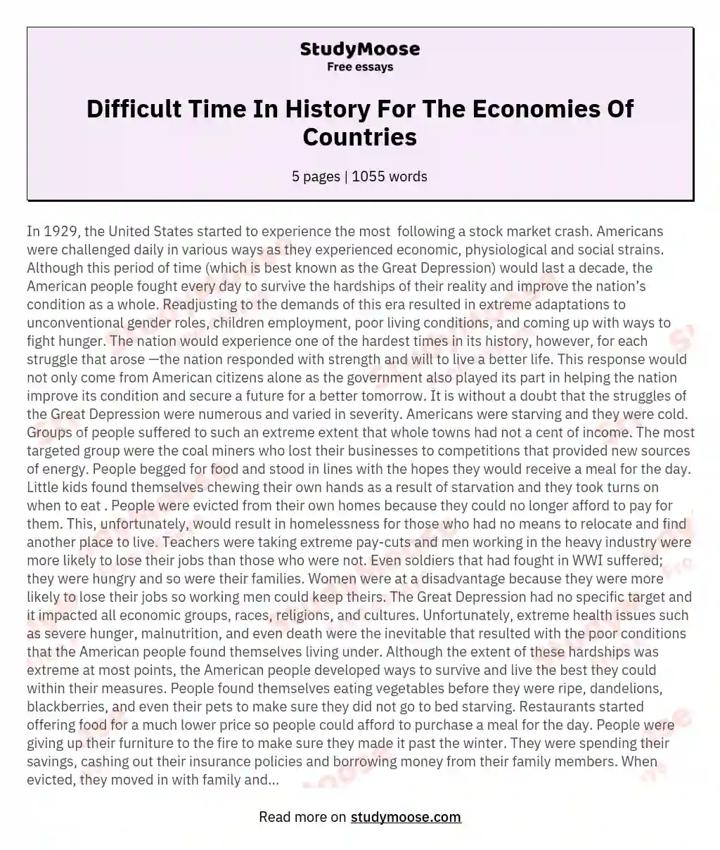 Difficult Time In History For The Economies Of Countries essay