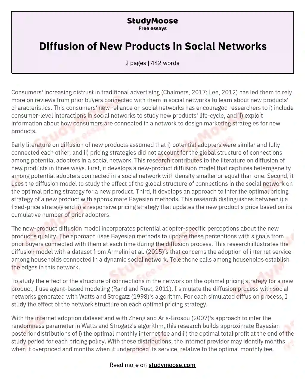 Diffusion of New Products in Social Networks essay