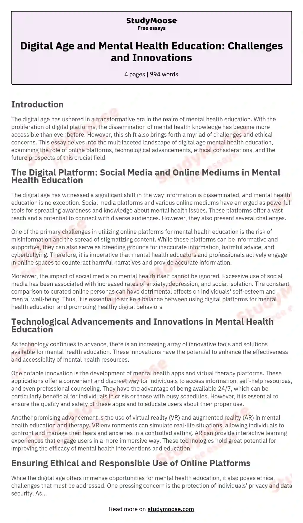 Digital Age and Mental Health Education: Challenges and Innovations essay