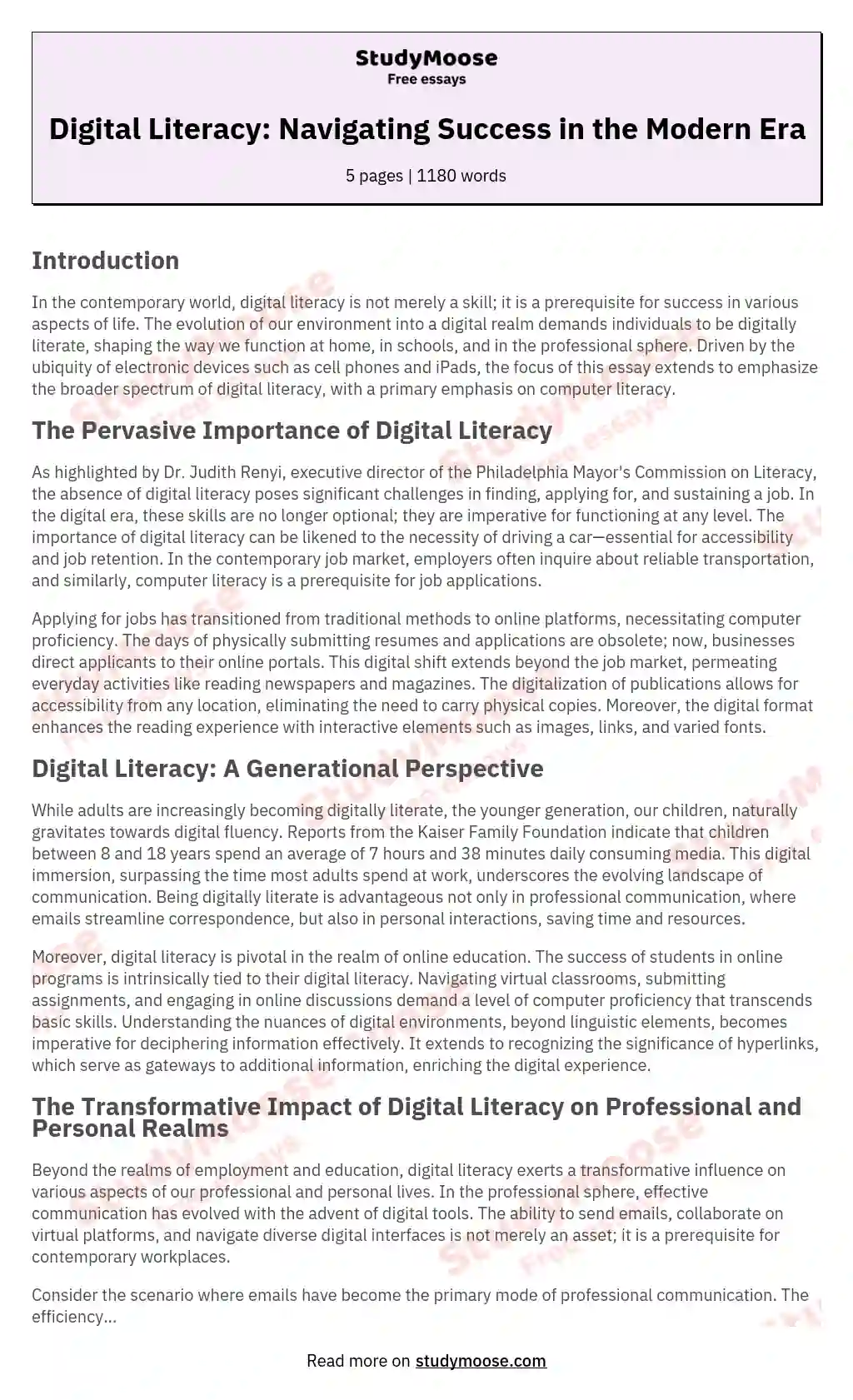 Digital Literacy: Navigating Success in the Modern Era essay