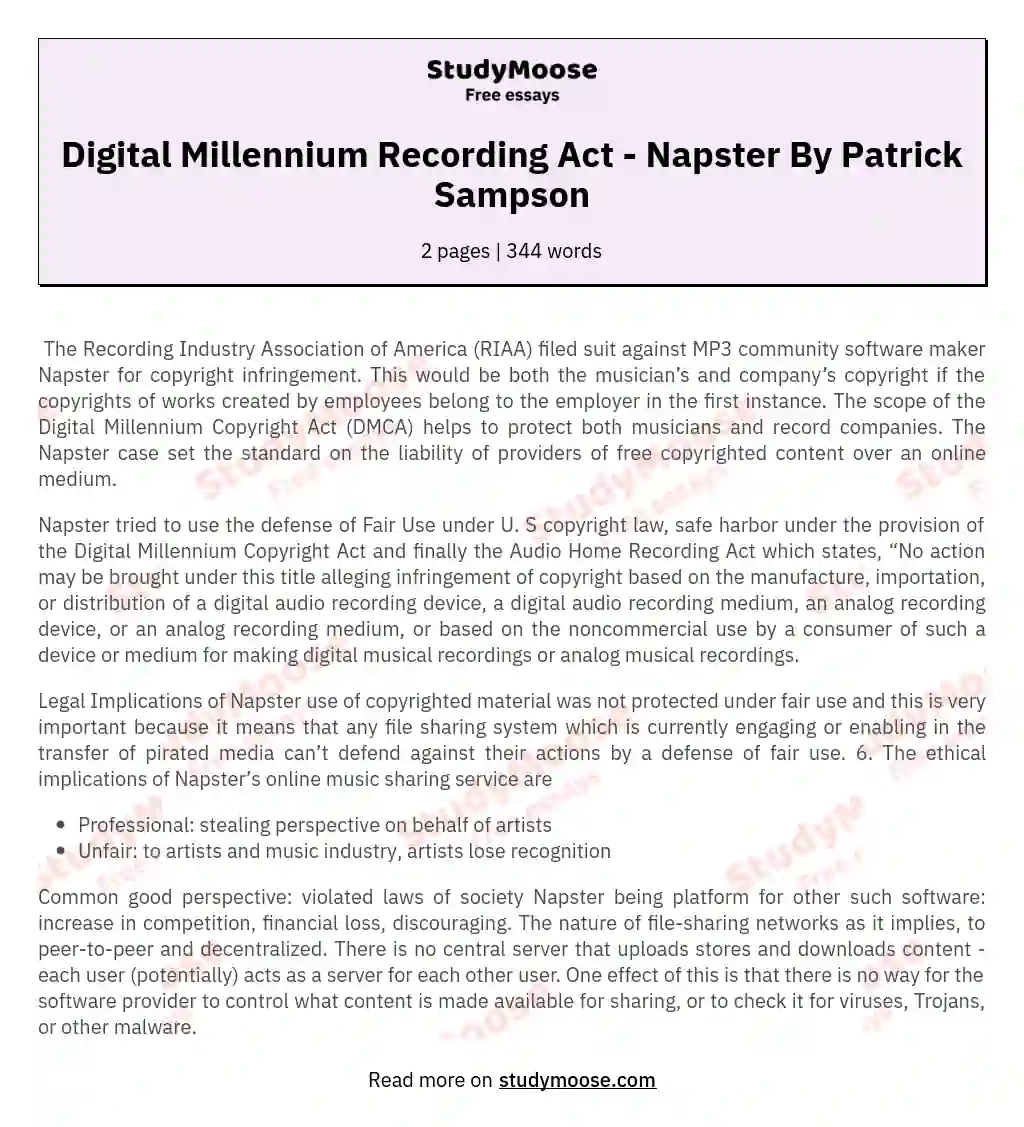 Digital Millennium Recording Act - Napster By Patrick Sampson essay