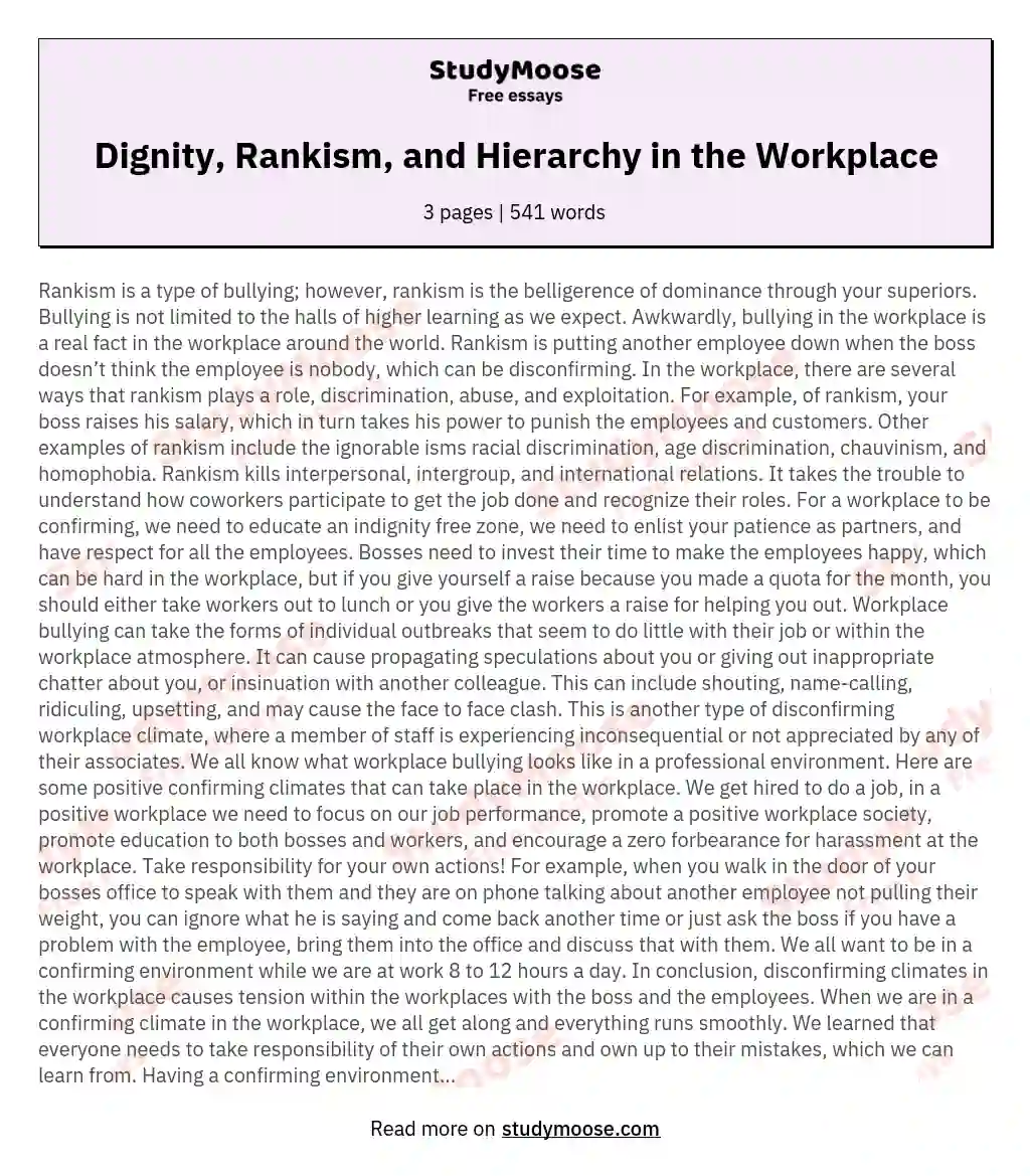 Dignity, Rankism, and Hierarchy in the Workplace