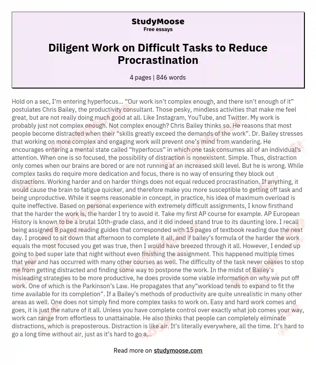 Diligent Work on Difficult Tasks to Reduce Procrastination essay