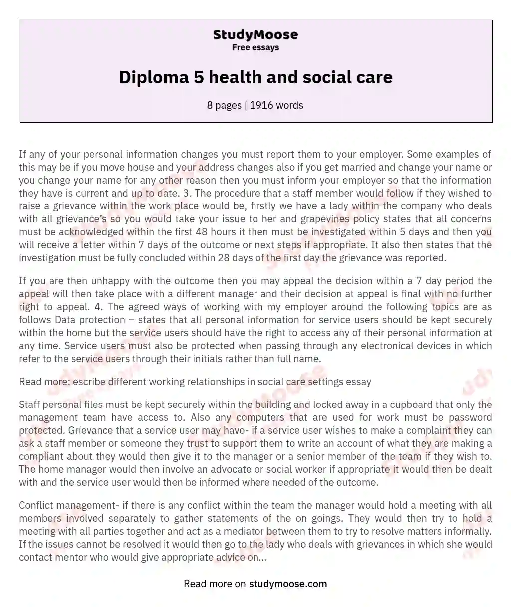 Diploma 5 health and social care essay