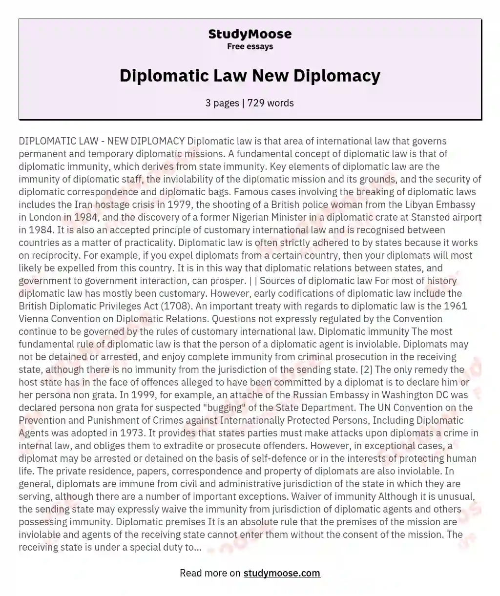 Diplomatic Law  New Diplomacy