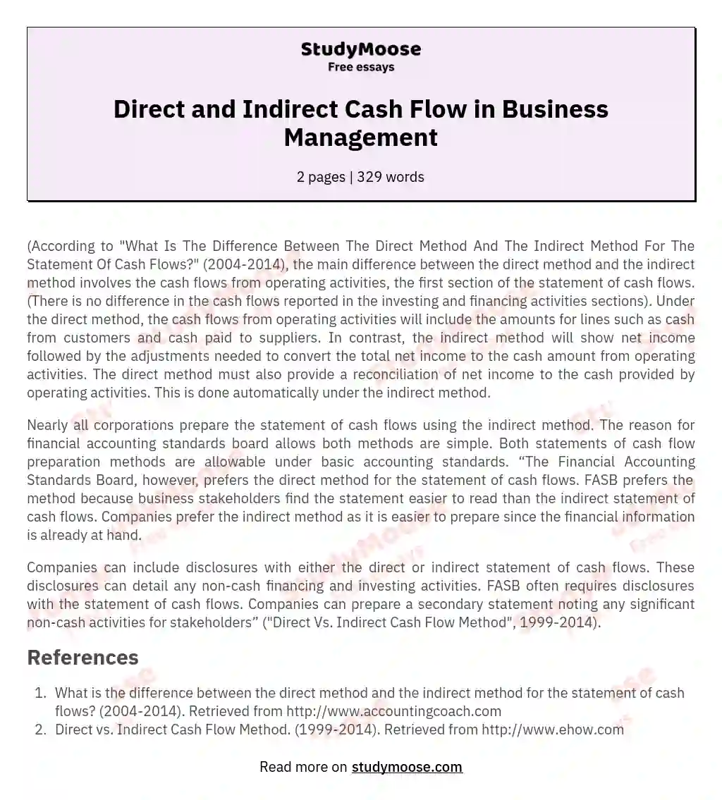 Direct and Indirect Cash Flow in Business Management essay