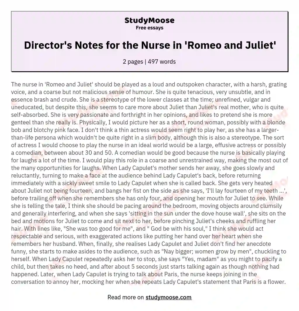 Director's Notes for the Nurse in 'Romeo and Juliet' essay