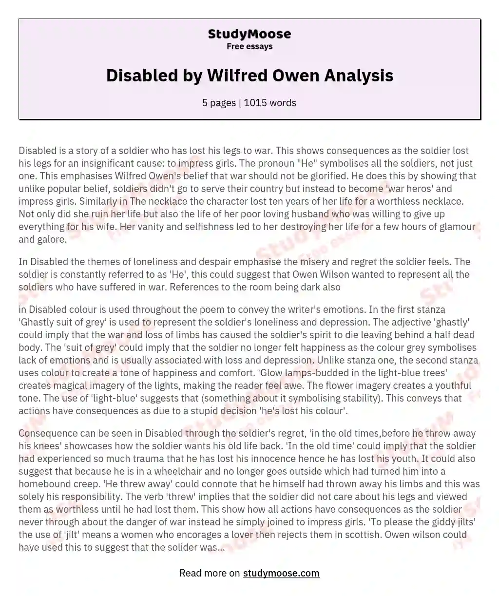 Disabled by Wilfred Owen Analysis essay