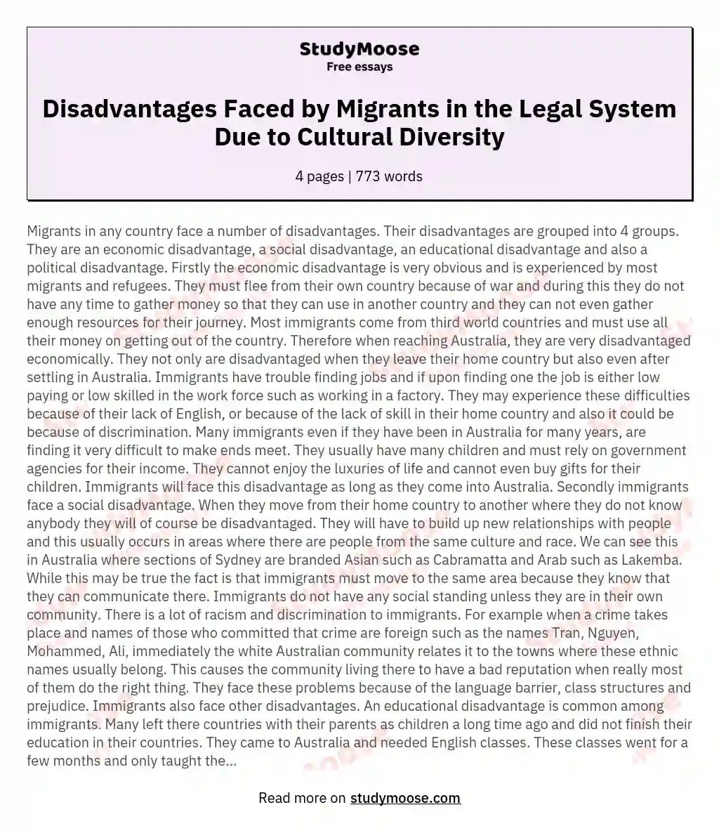 Disadvantages Faced by Migrants in the Legal System Due to Cultural Diversity essay