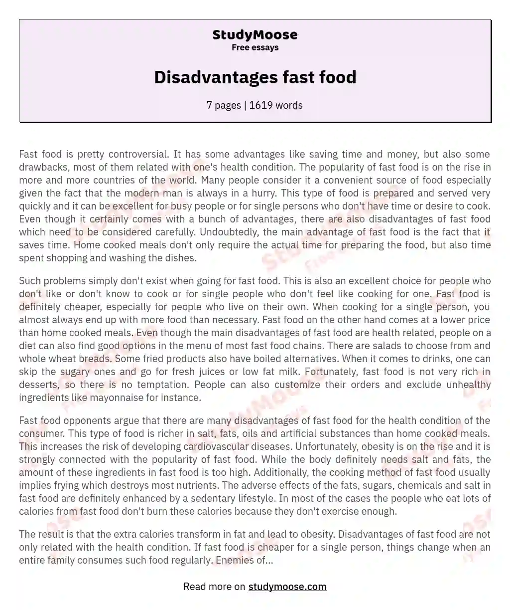 Disadvantages fast food essay