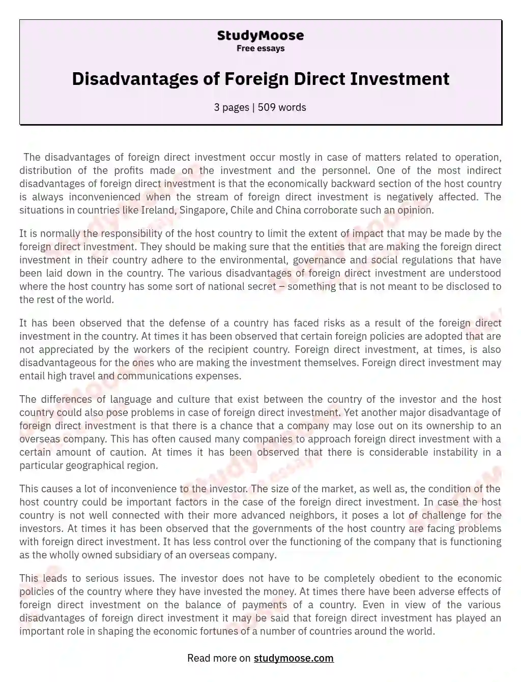 Disadvantages of Foreign Direct Investment essay