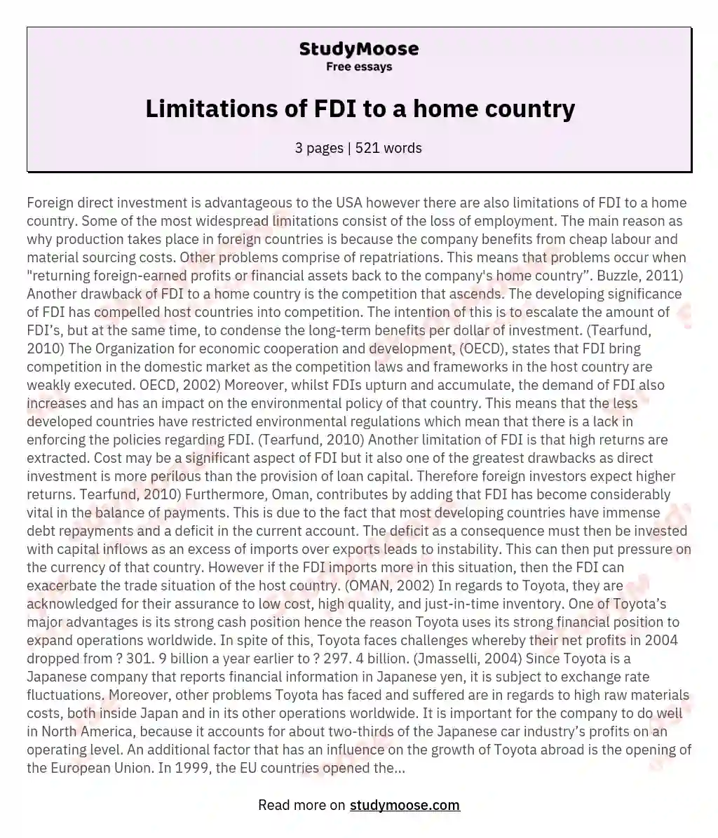 Limitations of FDI to a home country essay