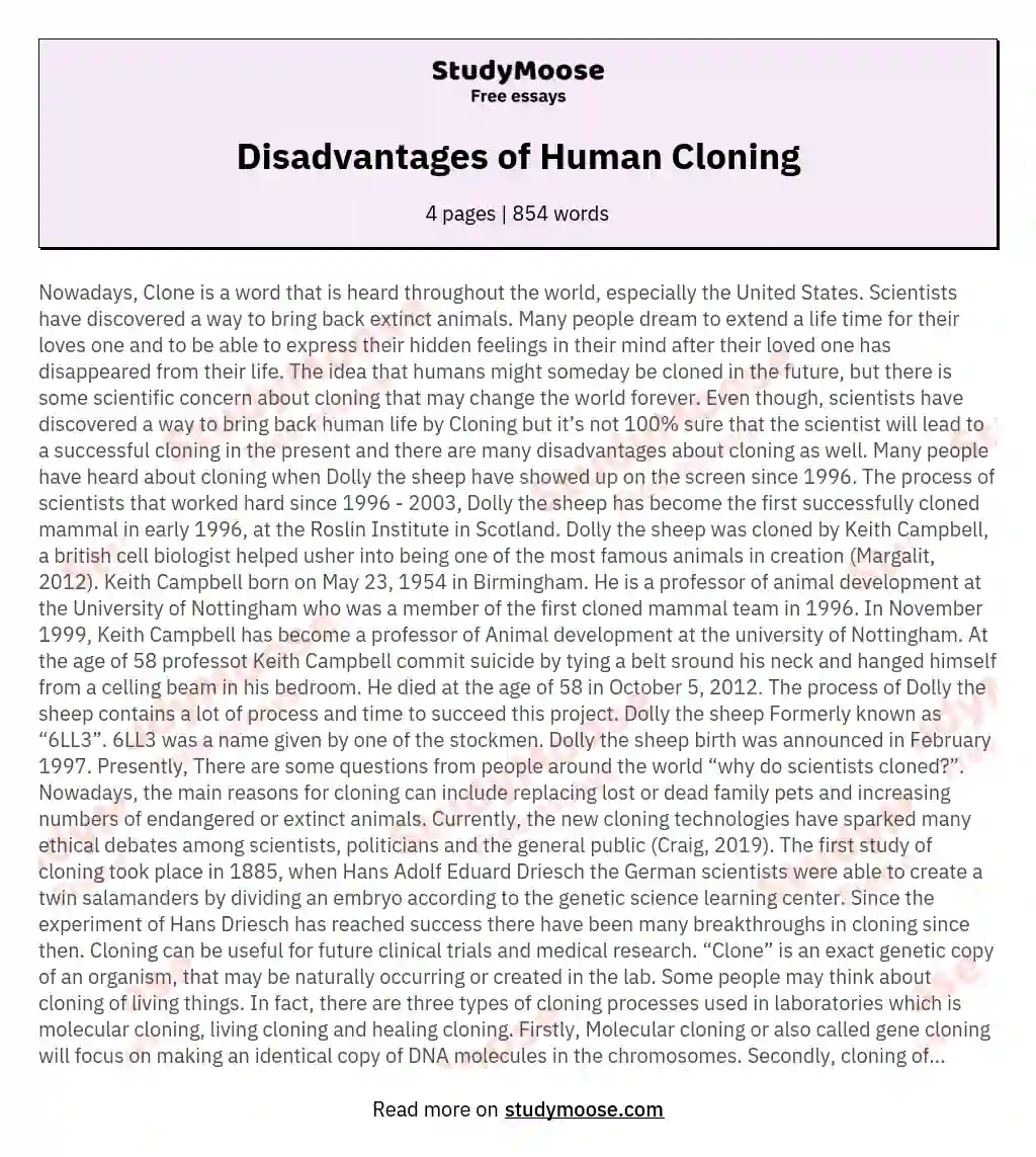 Disadvantages of Human Cloning Free Essay Example