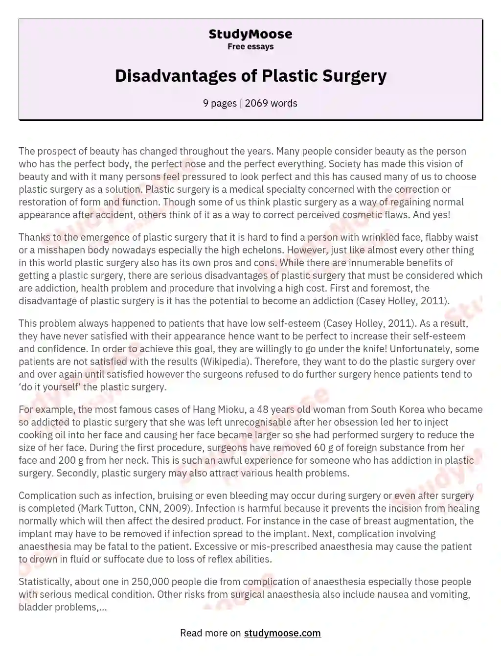 Disadvantages of Plastic Surgery essay